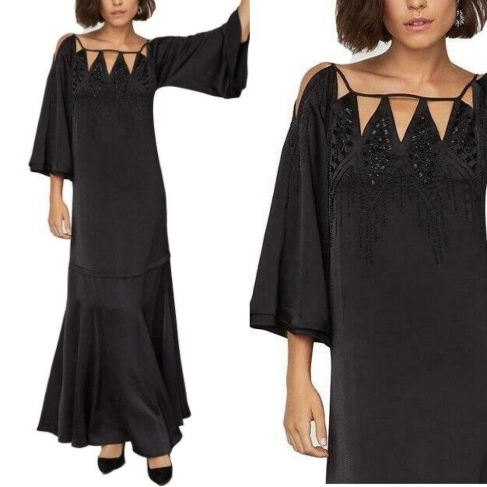 Elegant Black Beaded Gown Long Flowy Sleeve BCBG NWT M